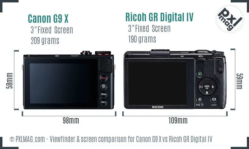 Canon G9 X vs Ricoh GR Digital IV Screen and Viewfinder comparison