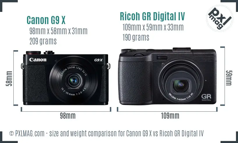 Canon G9 X vs Ricoh GR Digital IV size comparison