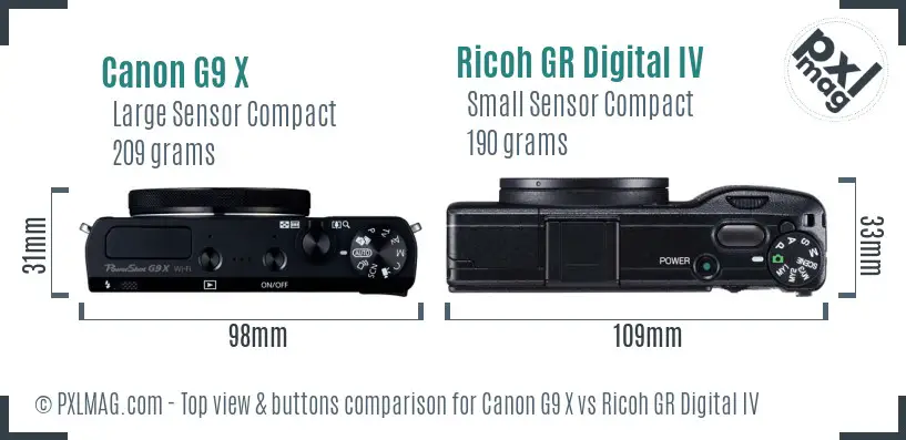 Canon G9 X vs Ricoh GR Digital IV top view buttons comparison