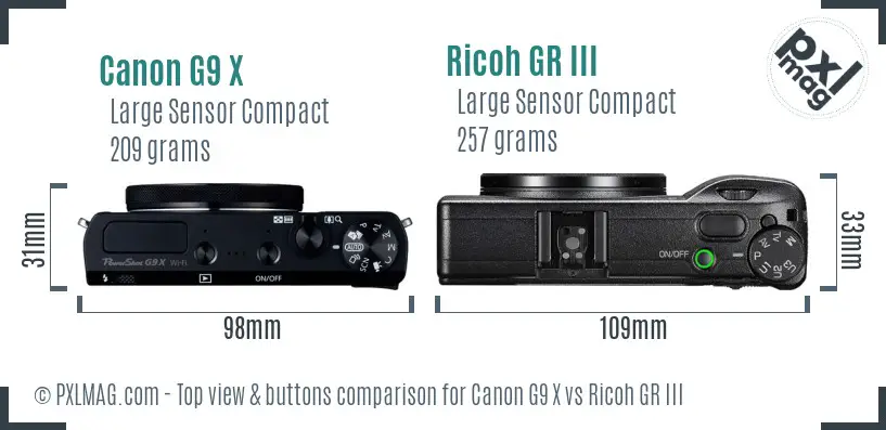 Canon G9 X vs Ricoh GR III top view buttons comparison