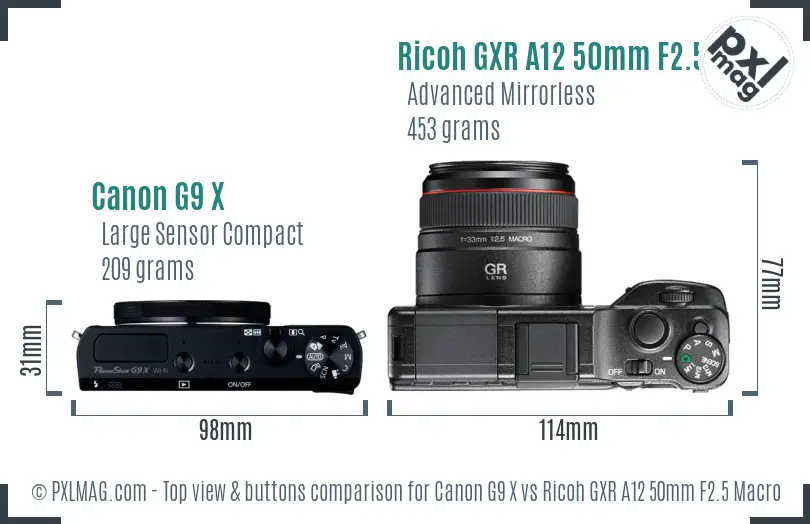 Canon G9 X vs Ricoh GXR A12 50mm F2.5 Macro top view buttons comparison