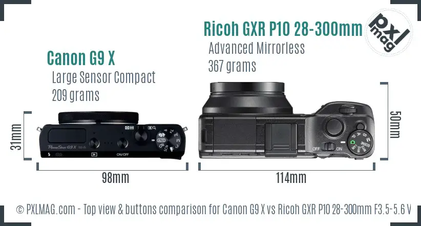 Canon G9 X vs Ricoh GXR P10 28-300mm F3.5-5.6 VC top view buttons comparison