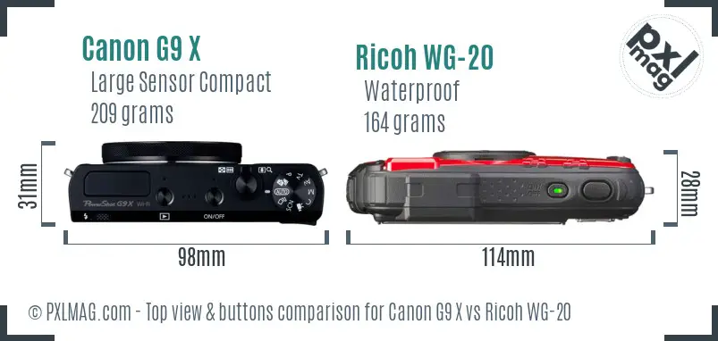 Canon G9 X vs Ricoh WG-20 top view buttons comparison