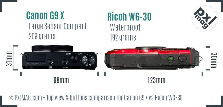 Canon G9 X vs Ricoh WG-30 top view buttons comparison
