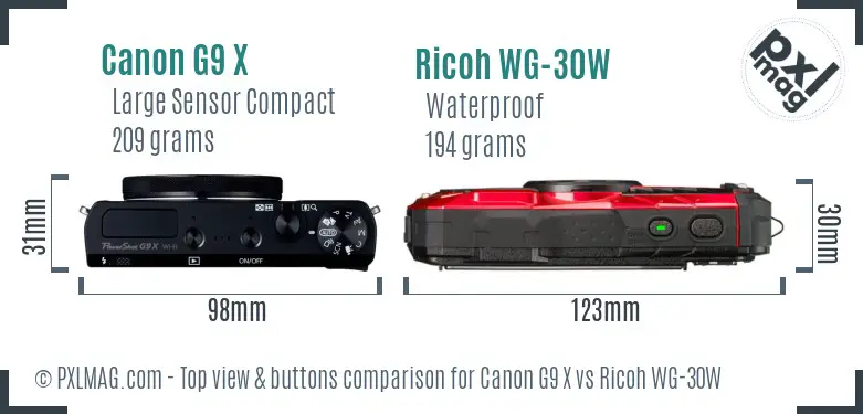 Canon G9 X vs Ricoh WG-30W top view buttons comparison