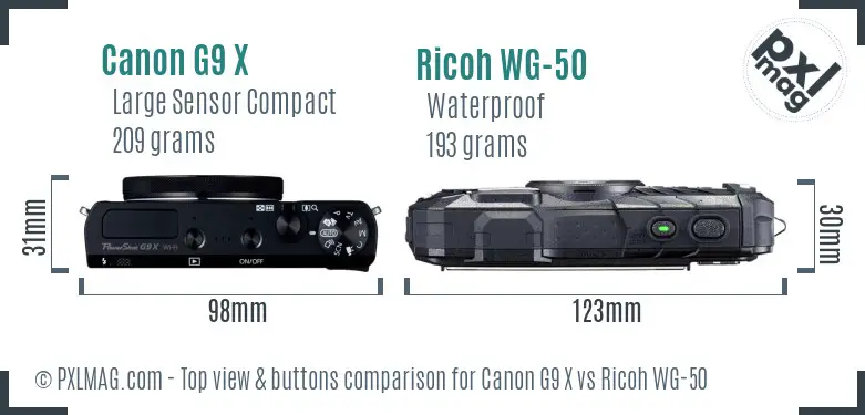 Canon G9 X vs Ricoh WG-50 top view buttons comparison