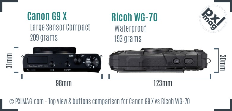 Canon G9 X vs Ricoh WG-70 top view buttons comparison