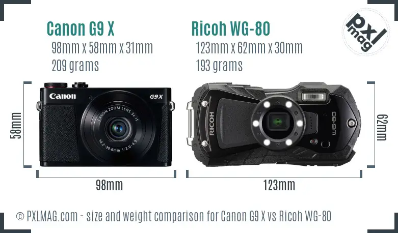Canon G9 X vs Ricoh WG-80 size comparison