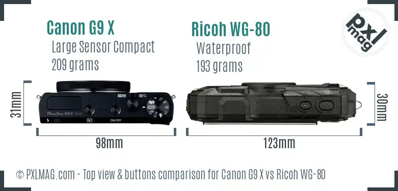 Canon G9 X vs Ricoh WG-80 top view buttons comparison