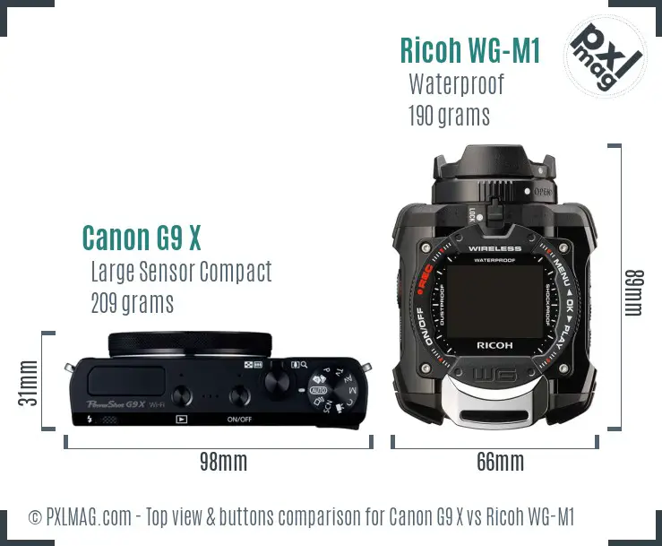 Canon G9 X vs Ricoh WG-M1 top view buttons comparison Canon G9 X vs Ricoh WG-M1 top view buttons comparison