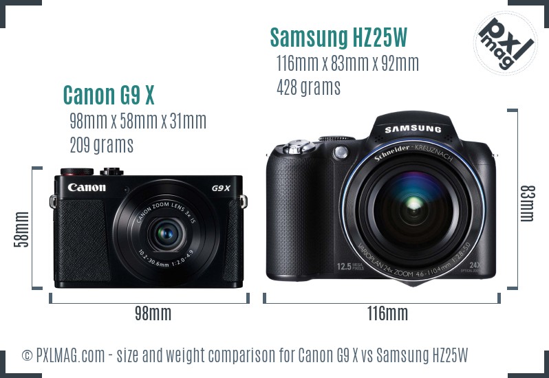 Canon G9 X vs Samsung HZ25W size comparison Canon G9 X vs Samsung HZ25W size comparison