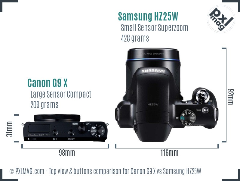 Canon G9 X vs Samsung HZ25W top view buttons comparison