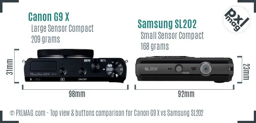 Canon G9 X vs Samsung SL202 top view buttons comparison Canon G9 X vs Samsung SL202 top view buttons comparison