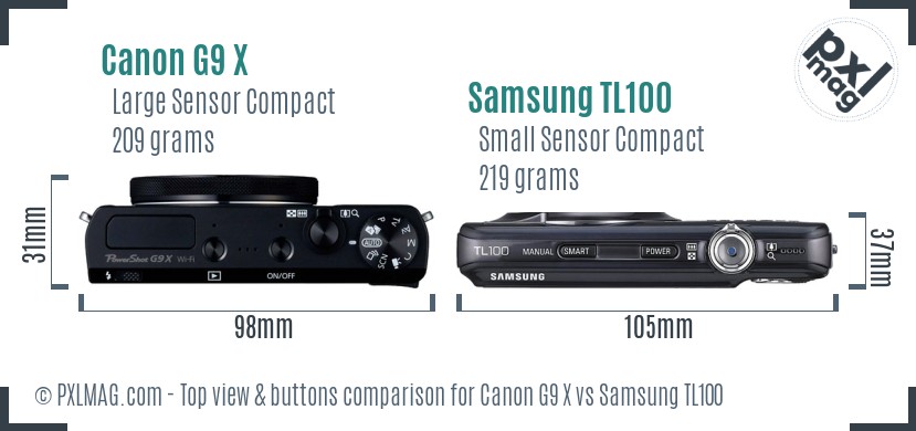 Canon G9 X vs Samsung TL100 top view buttons comparison