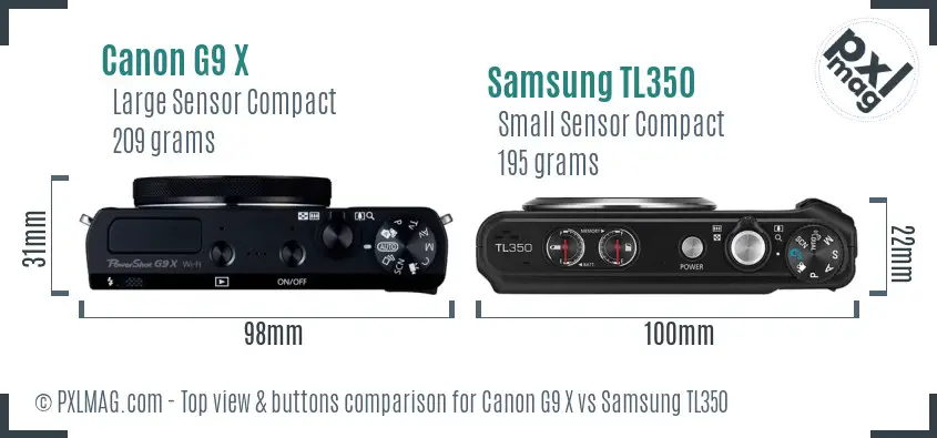 Canon G9 X vs Samsung TL350 top view buttons comparison