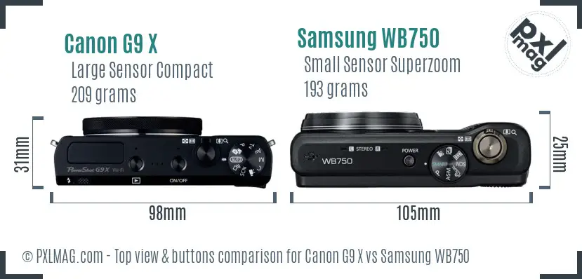 Canon G9 X vs Samsung WB750 top view buttons comparison