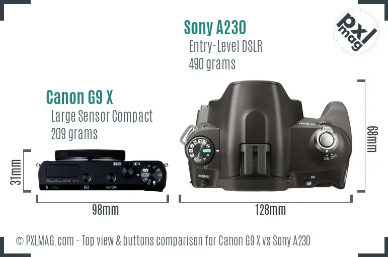 Canon G9 X vs Sony A230 top view buttons comparison