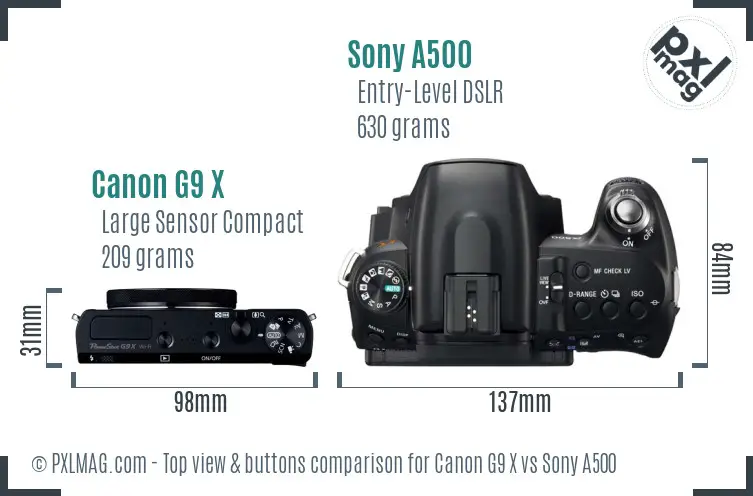 Canon G9 X vs Sony A500 top view buttons comparison