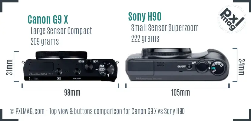 Canon G9 X vs Sony H90 top view buttons comparison