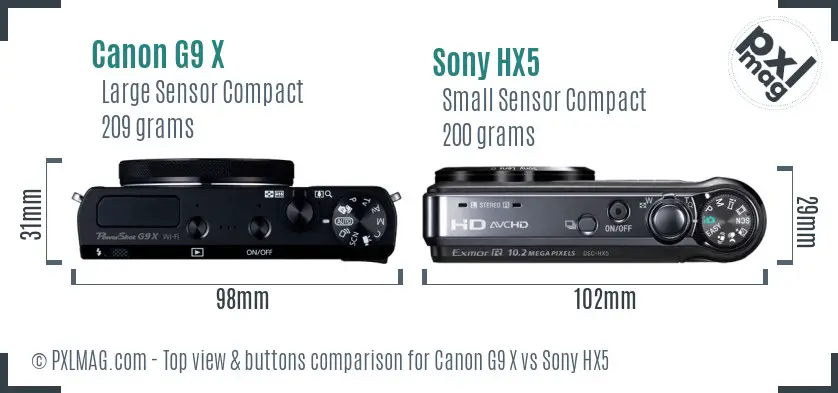 Canon G9 X vs Sony HX5 top view buttons comparison
