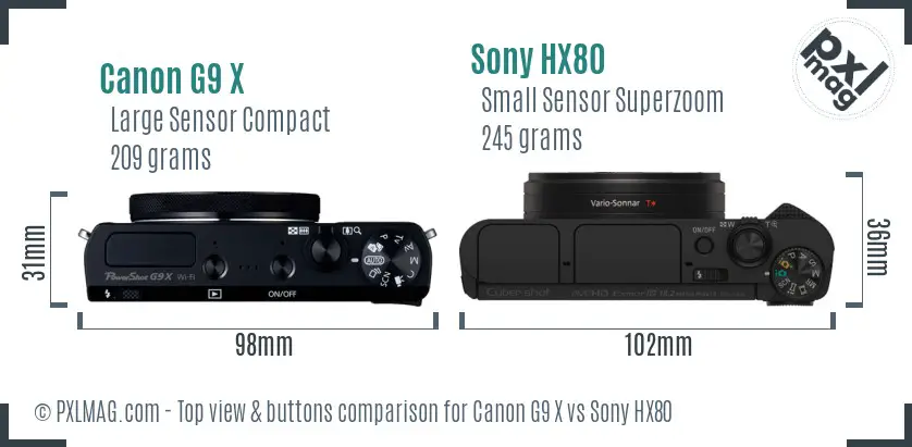 Canon G9 X vs Sony HX80 top view buttons comparison