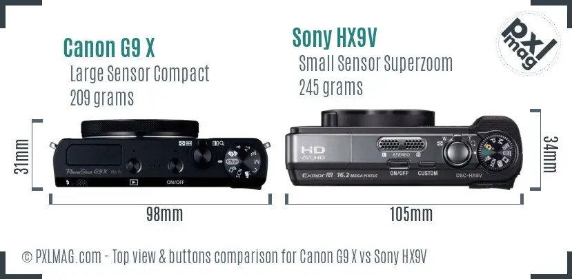 Canon G9 X vs Sony HX9V top view buttons comparison