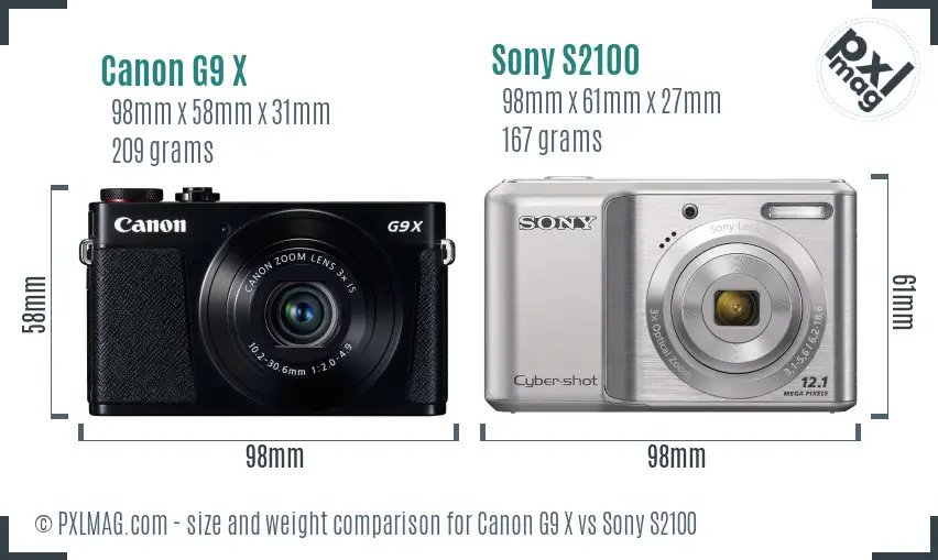 Canon G9 X vs Sony S2100 size comparison