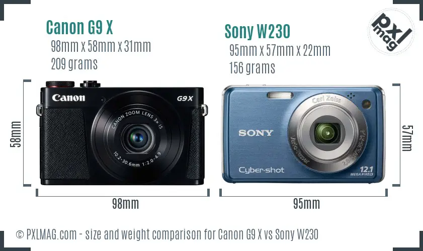 Canon G9 X vs Sony W230 size comparison