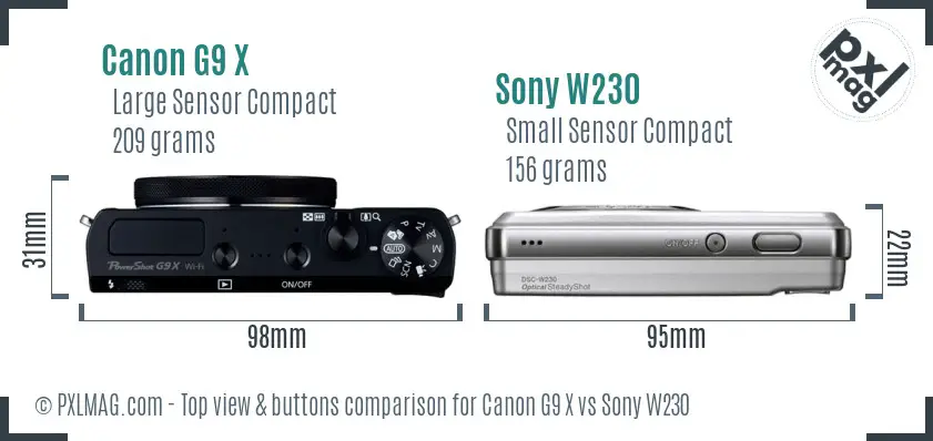 Canon G9 X vs Sony W230 top view buttons comparison