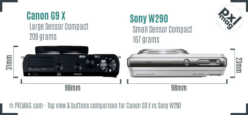 Canon G9 X vs Sony W290 top view buttons comparison Canon G9 X vs Sony W290 top view buttons comparison