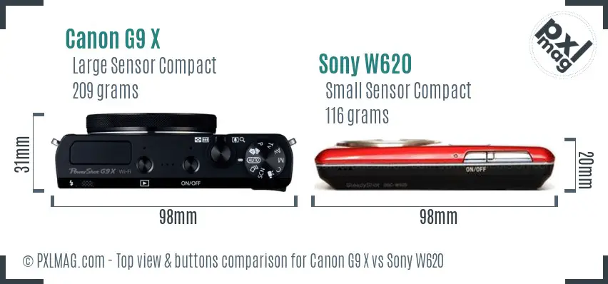 Canon G9 X vs Sony W620 top view buttons comparison