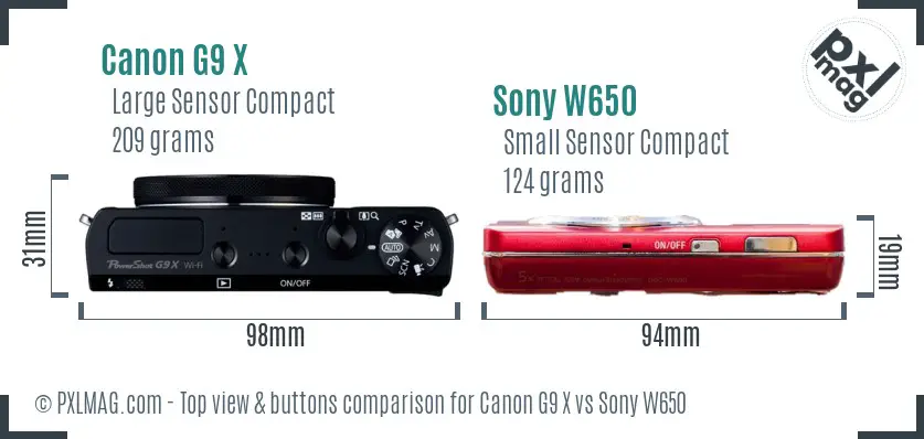 Canon G9 X vs Sony W650 top view buttons comparison