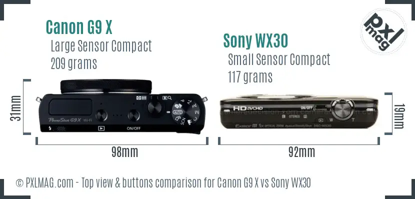 Canon G9 X vs Sony WX30 top view buttons comparison