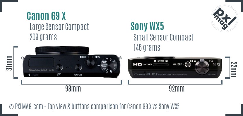 Canon G9 X vs Sony WX5 top view buttons comparison
