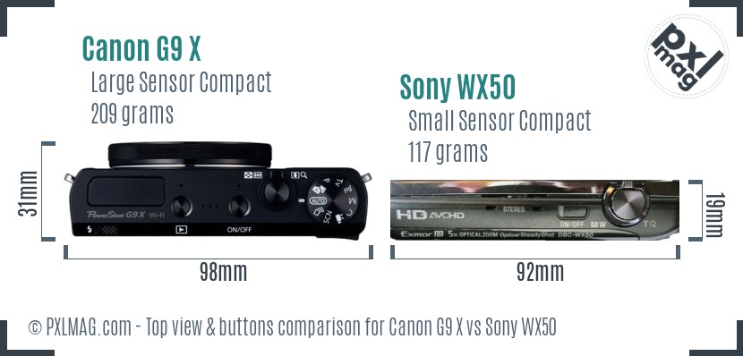 Canon G9 X vs Sony WX50 top view buttons comparison