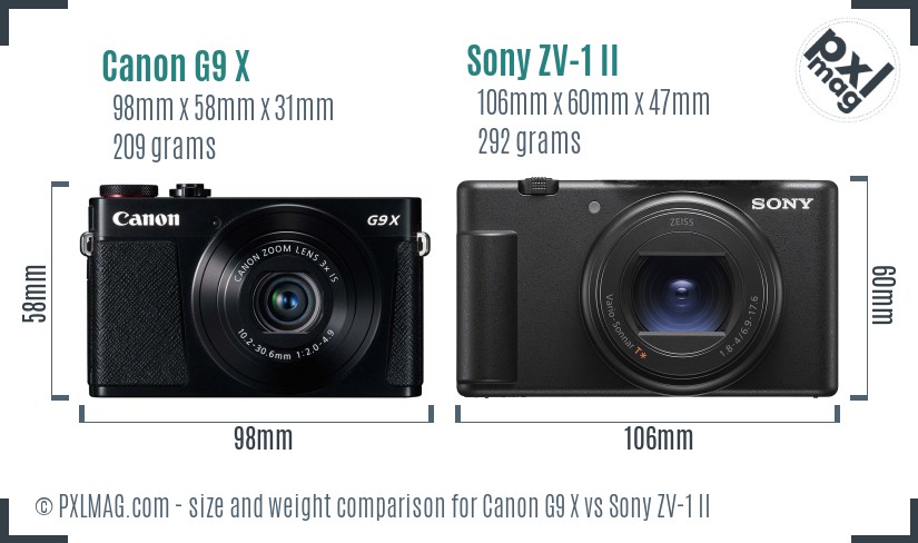 Canon G9 X vs Sony ZV-1 II size comparison