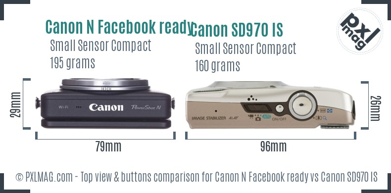 Canon N Facebook ready vs Canon SD970 IS top view buttons comparison