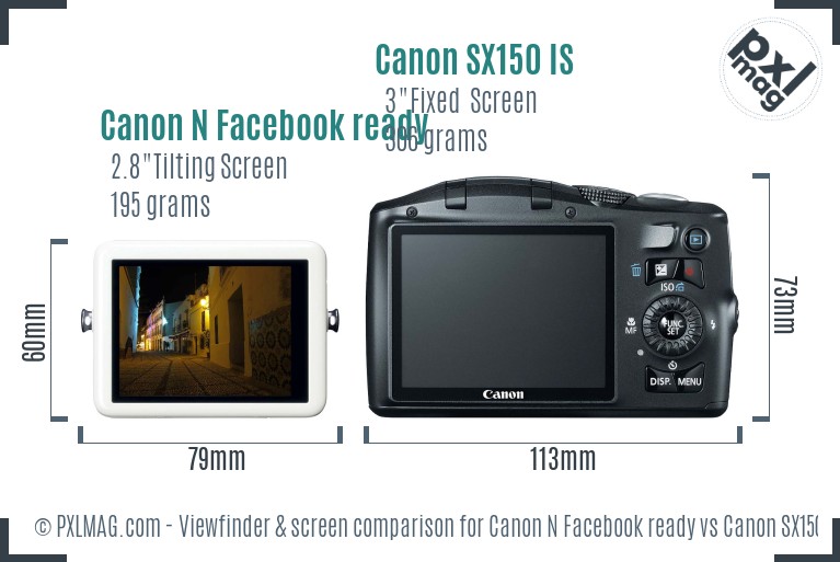 Canon N Facebook ready vs Canon SX150 IS Screen and Viewfinder comparison