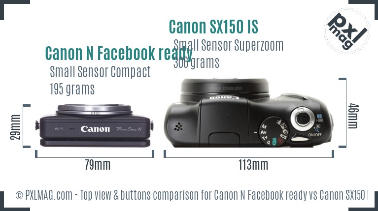 Canon N Facebook ready vs Canon SX150 IS top view buttons comparison