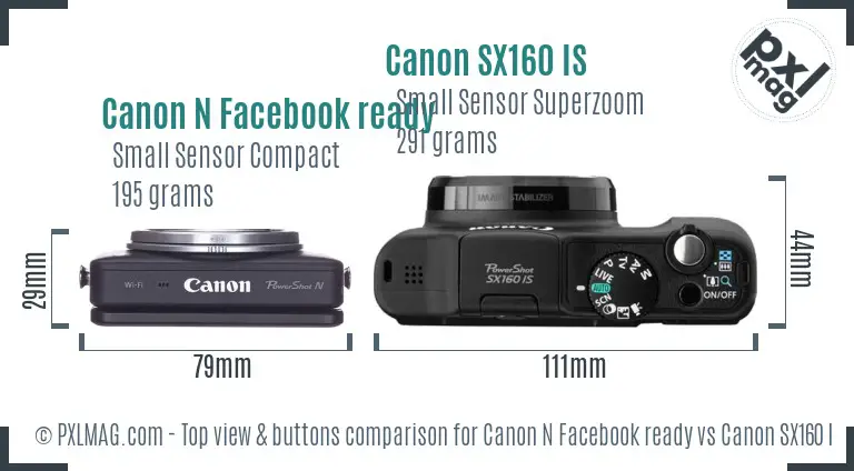 Canon N Facebook ready vs Canon SX160 IS top view buttons comparison