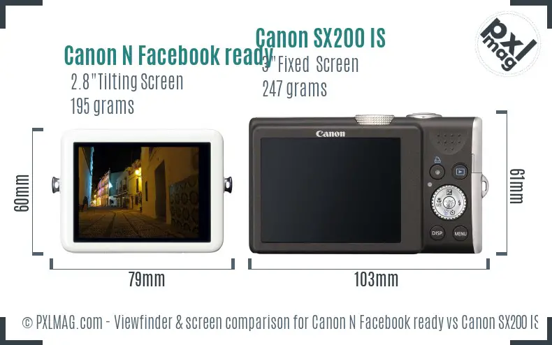 Canon N Facebook ready vs Canon SX200 IS Screen and Viewfinder comparison