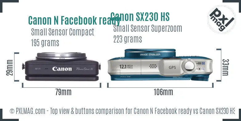 Canon N Facebook ready vs Canon SX230 HS top view buttons comparison Canon N Facebook ready vs Canon SX230 HS top view buttons comparison