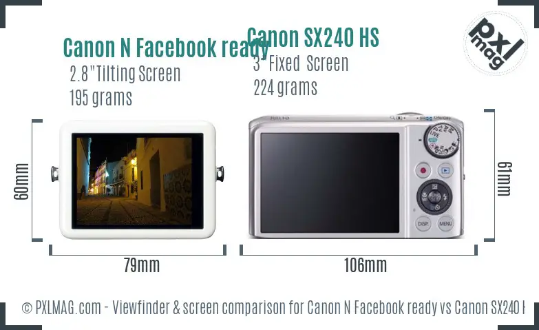 Canon N Facebook ready vs Canon SX240 HS Screen and Viewfinder comparison