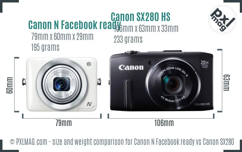 Canon N Facebook ready vs Canon SX280 HS size comparison Canon N Facebook ready vs Canon SX280 HS size comparison