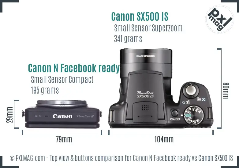 Canon N Facebook ready vs Canon SX500 IS top view buttons comparison