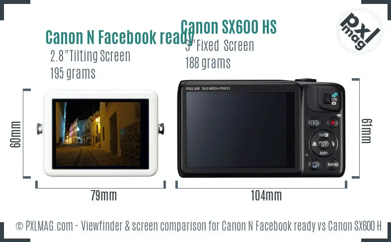 Canon N Facebook ready vs Canon SX600 HS Screen and Viewfinder comparison