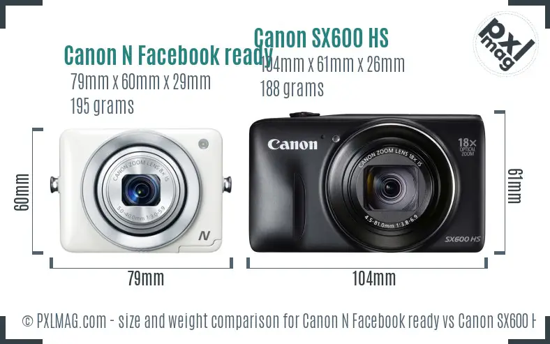 Canon N Facebook ready vs Canon SX600 HS size comparison