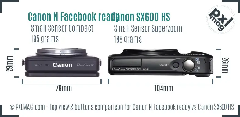 Canon N Facebook ready vs Canon SX600 HS top view buttons comparison