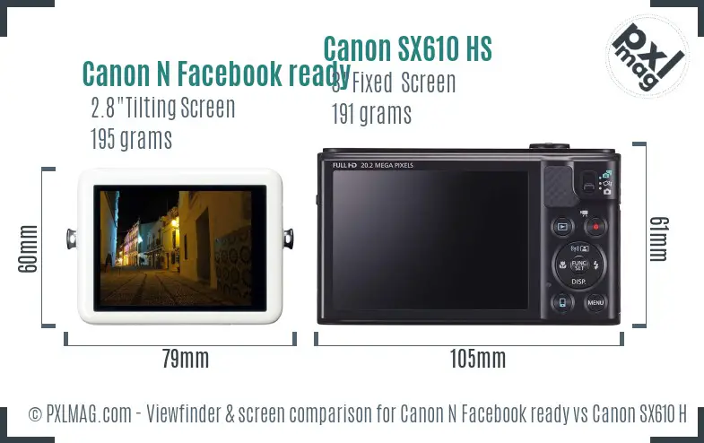 Canon N Facebook ready vs Canon SX610 HS Screen and Viewfinder comparison