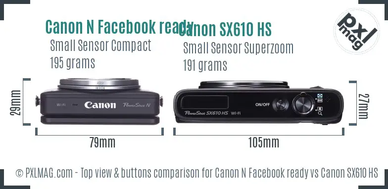 Canon N Facebook ready vs Canon SX610 HS top view buttons comparison